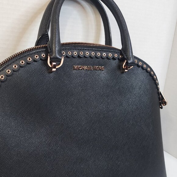 Michael Kors Emmy Dome Black Saffiano Leather Large Satchel w/ Rose Gold Tone - Picture 2 of 11